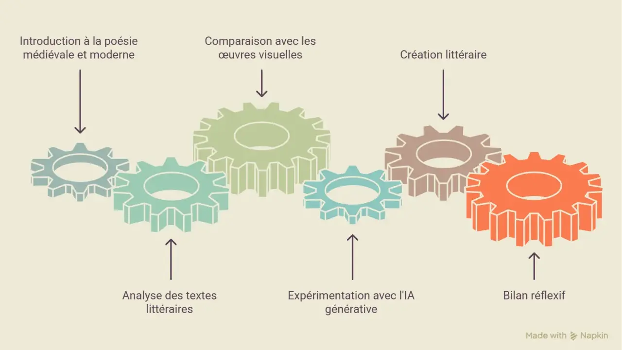 Engrenages symbolisant un processus créatif, de l'analyse littéraire à la création, avec un **oxymore visuel** dans la juxtaposition des textes et des images.