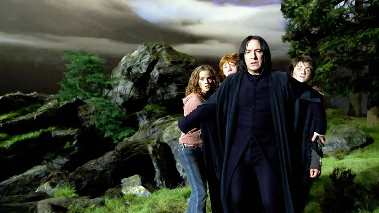 Severus Rogue, jeune et sombre, guide Harry, Ron et Hermione à travers un paysage rocheux et brumeux.