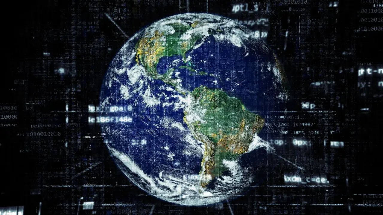 La Terre vue de l'espace, entourée de code binaire, symbolisant la dissertation sur la mondialisation et la connectivité globale.