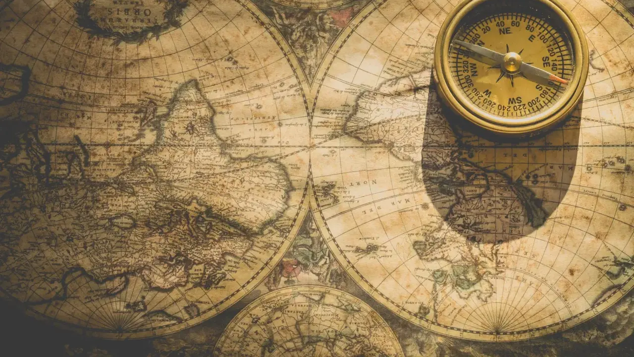Une boussole dorée repose sur une carte ancienne du nom de monde imaginaire, projetant une ombre mystérieuse.