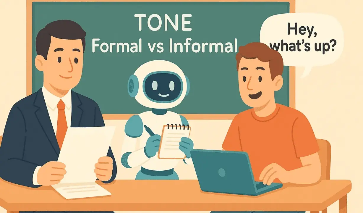 Un homme en costume, un robot et un jeune homme discutent. Le tableau indique "TONE Formal vs Informal", illustrant la communication formelle et informelle.