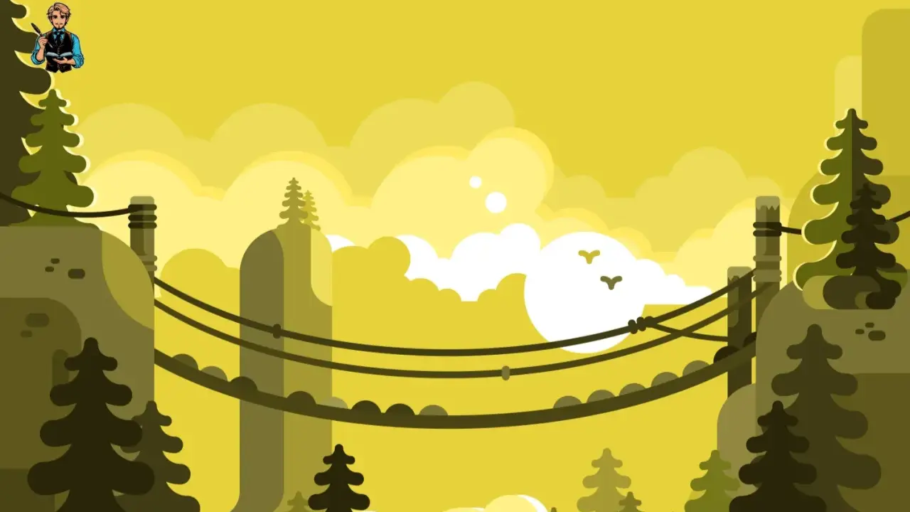 Un artiste imagine qu'est ce qu'un cliffhanger, suspendu au-dessus d'un paysage stylisé de montagnes et de nuages jaunes.