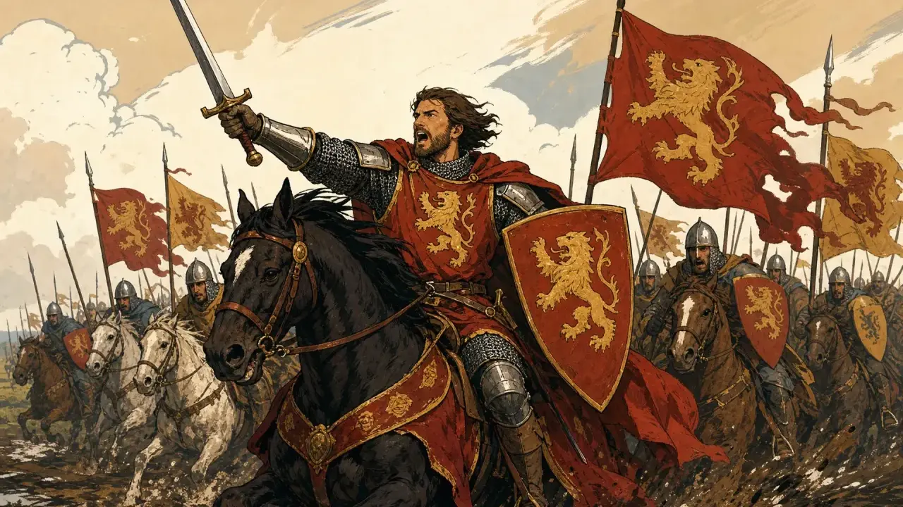 Un chevalier au nom de chevalier stylé mène une charge à cheval, brandissant son épée sous des drapeaux au lion. L'armée avance.
