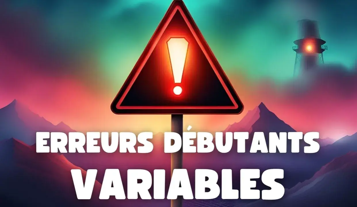 Panneau d'avertissement "Erreurs Débutants Variables" dans un paysage surréaliste.