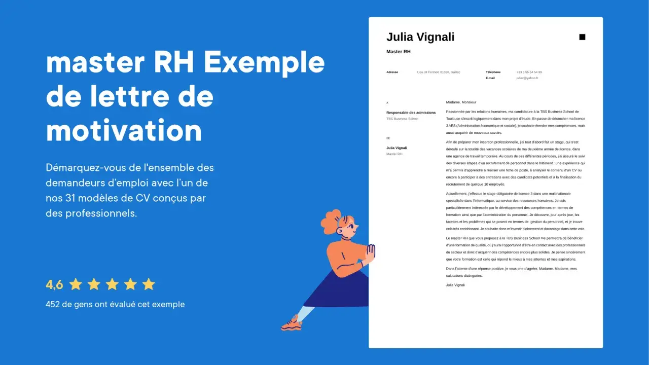 Exemple de lettre de motivation pour un master RH, avec un modèle de CV pour se démarquer.
