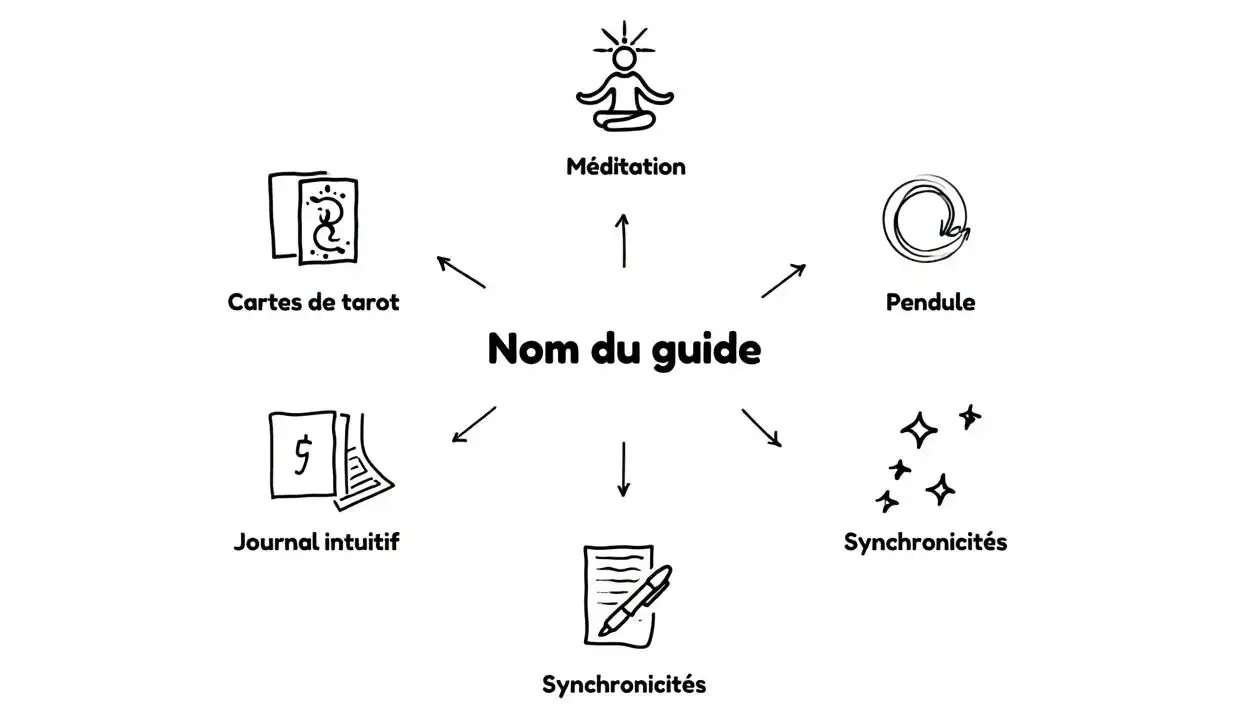 Schéma central "Nom du guide" entouré d'icônes : méditation, pendule, synchronicités, journal intuitif, cartes de tarot. Un nom qui sonne bien pour un guide spirituel.
