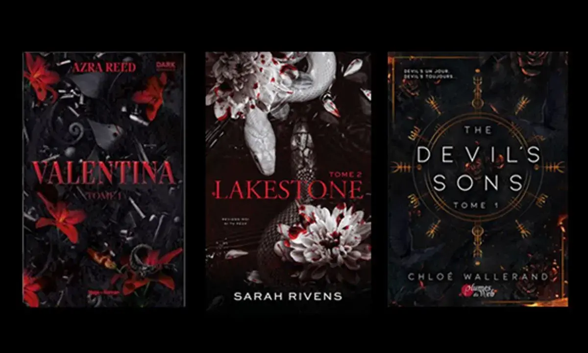 Trois couvertures de livres sombres : "Valentina", "Lakestone" avec un serpent, et "The Devil's Sons".