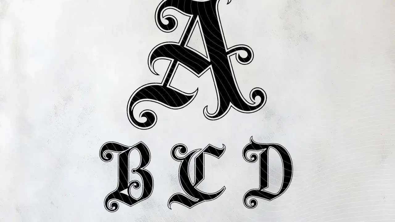 Lettres A, B, C, D en écriture gothique, parfaites pour une touche d'élégance sombre sur Instagram.