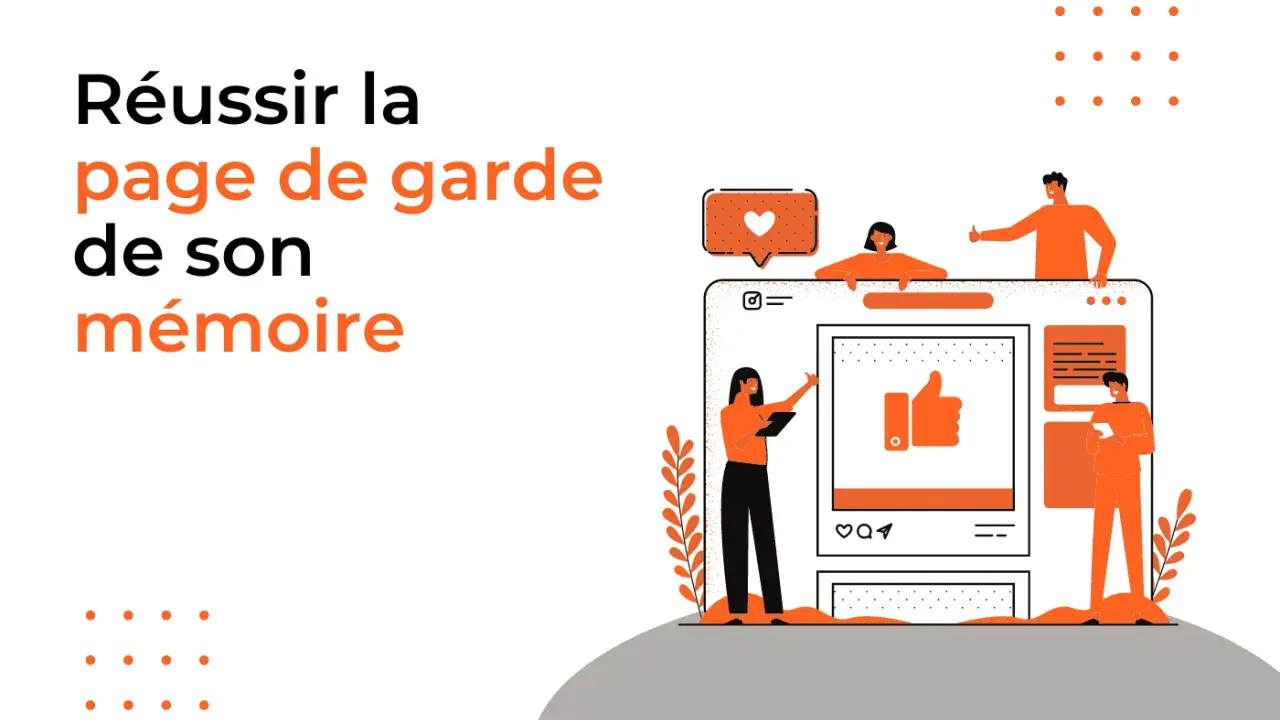 Illustration pour réussir la page de garde de son mémoire master, avec des personnages interagissant avec une interface web.