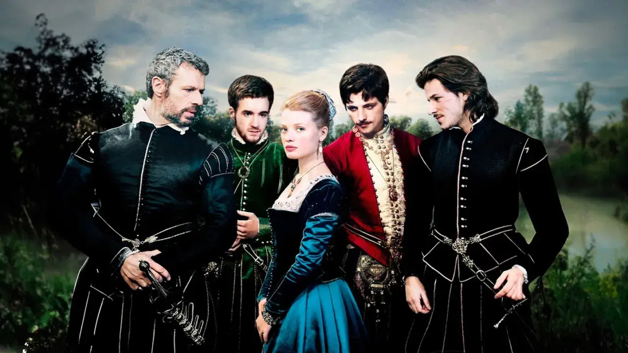 Cinq personnages en costumes d'époque, dont une jeune femme au centre, évoquent le drame de la Princesse de Montpensier.