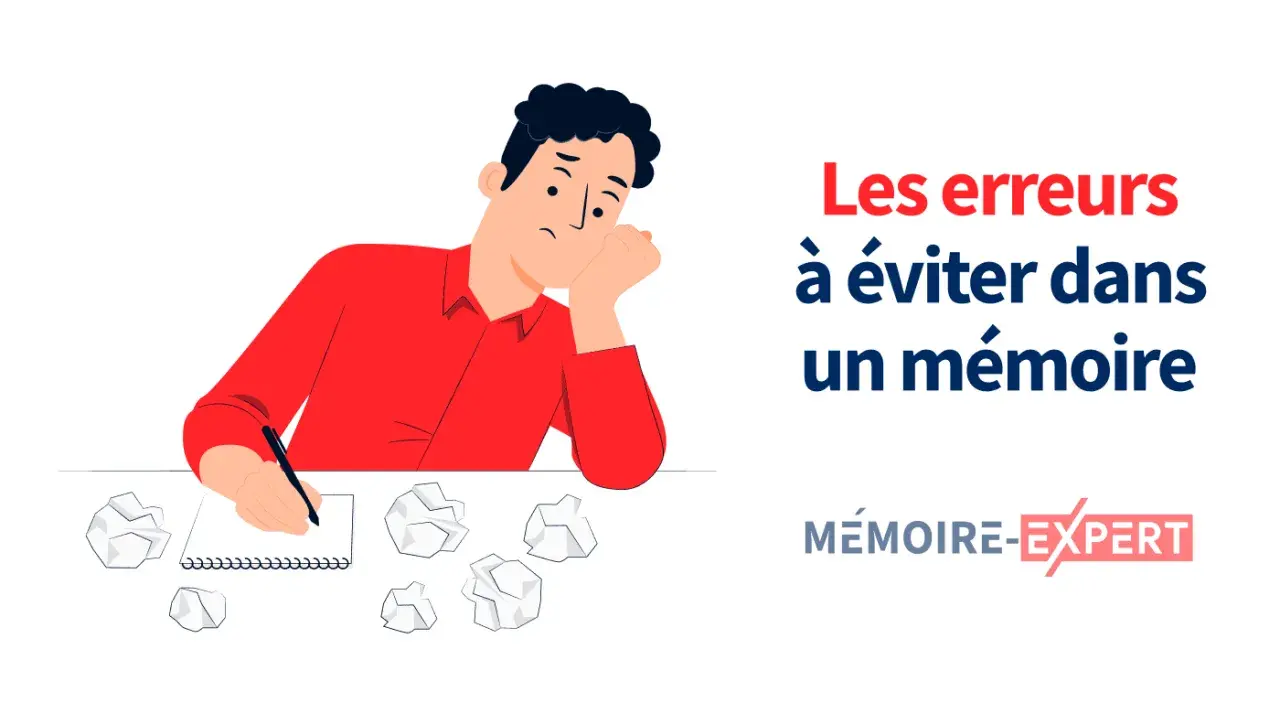 Un étudiant frustré écrit son rapport de stage, entouré de brouillons. Le texte indique "Les erreurs à éviter dans un mémoire".