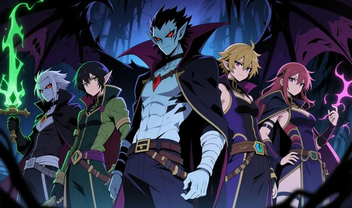 Cinq personnages au style nom de méchant, dont un vampire aux ailes noires, brandissent des armes magiques dans une forêt sombre.