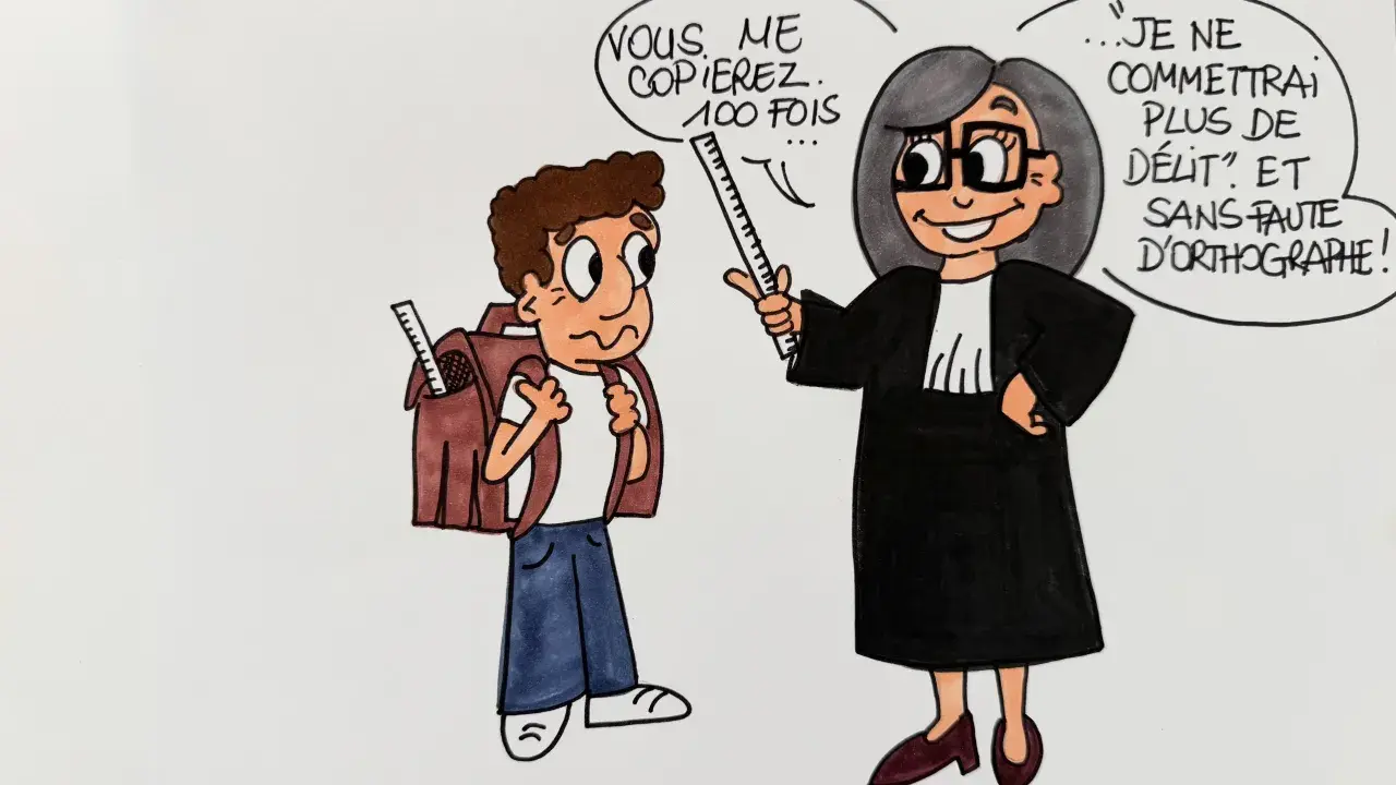 Une avocate, avec une citation humour décalé, menace un écolier : "Vous me copierez 100 fois... Je ne commettrai plus de délit, et sans faute d'orthographe !