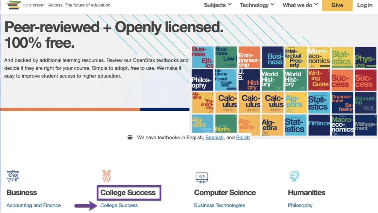 Page d'accueil OpenStax. Recherche de livres par sujet, comme "College Success". Idéal pour une recherche livre par ISBN.