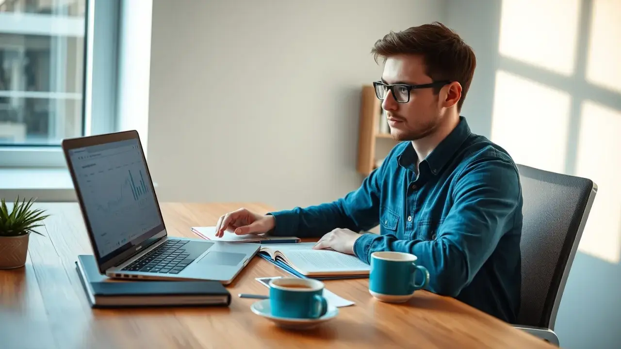 Un jeune homme concentré sur son ordinateur portable, préparant un mémoire sur le télétravail. Une tasse de café à portée de main.