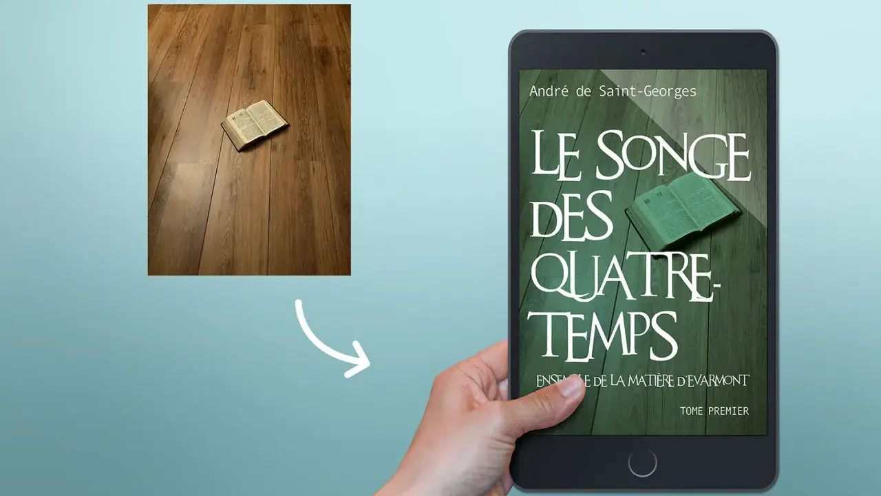 Une belle couverture de livre numérique, "Le Songe des Quatre-Temps", est présentée sur une tablette tenue par une main.