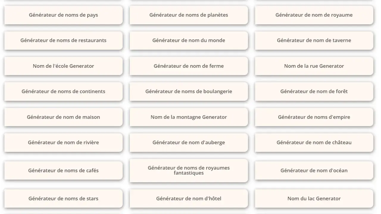 Générateurs de noms pour créer un **nom de royaume imaginaire français**, villes, pays, et plus encore.