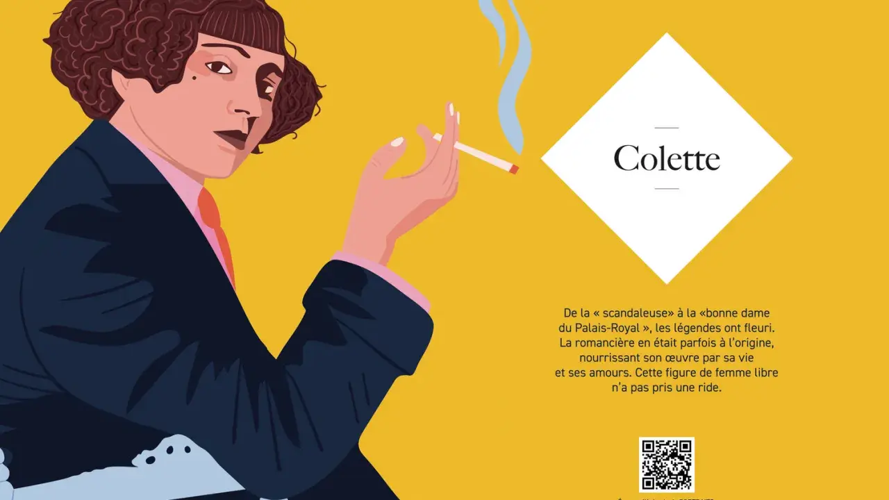 Portrait stylisé de Colette, femme de lettre française, fumant une cigarette. Son regard est intense, sa coiffure bouclée et elle porte un costume sombre.