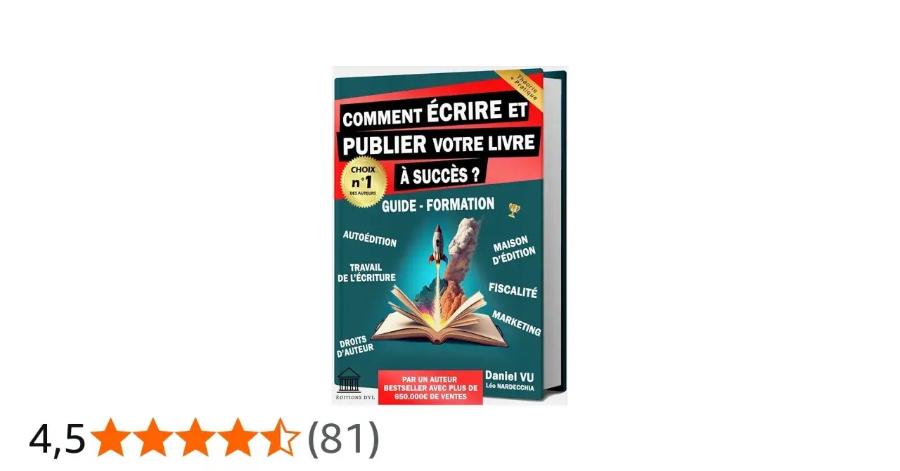 Guide "Comment écrire et publier votre livre à succès", avec un livre ouvert d'où s'échappe une fusée. Idéal pour savoir comment publier son livre.
