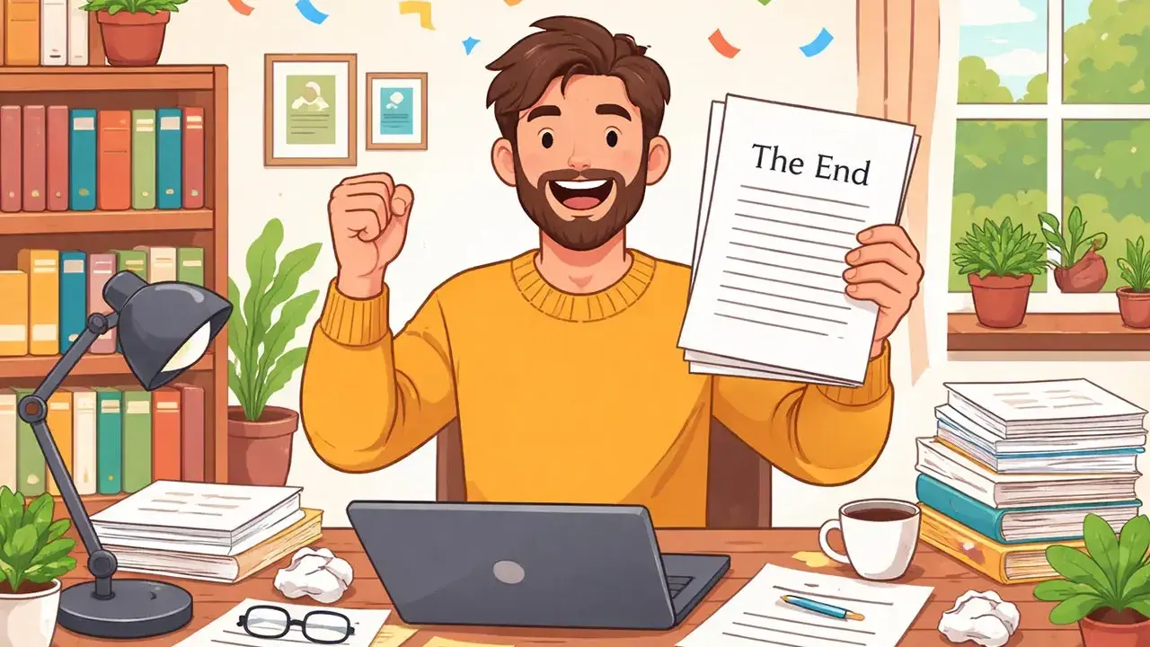 Un auteur fier tient son manuscrit terminé, prêt à le publier à compte d'auteur. Confettis et sourire radieux célèbrent cette étape !