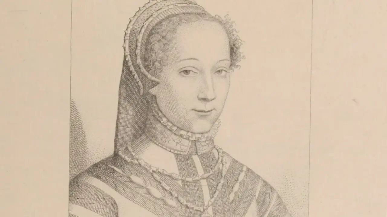 Portrait gravé d'une femme à la coiffe Renaissance, rappelant l'élégance d'un auteur humaniste.