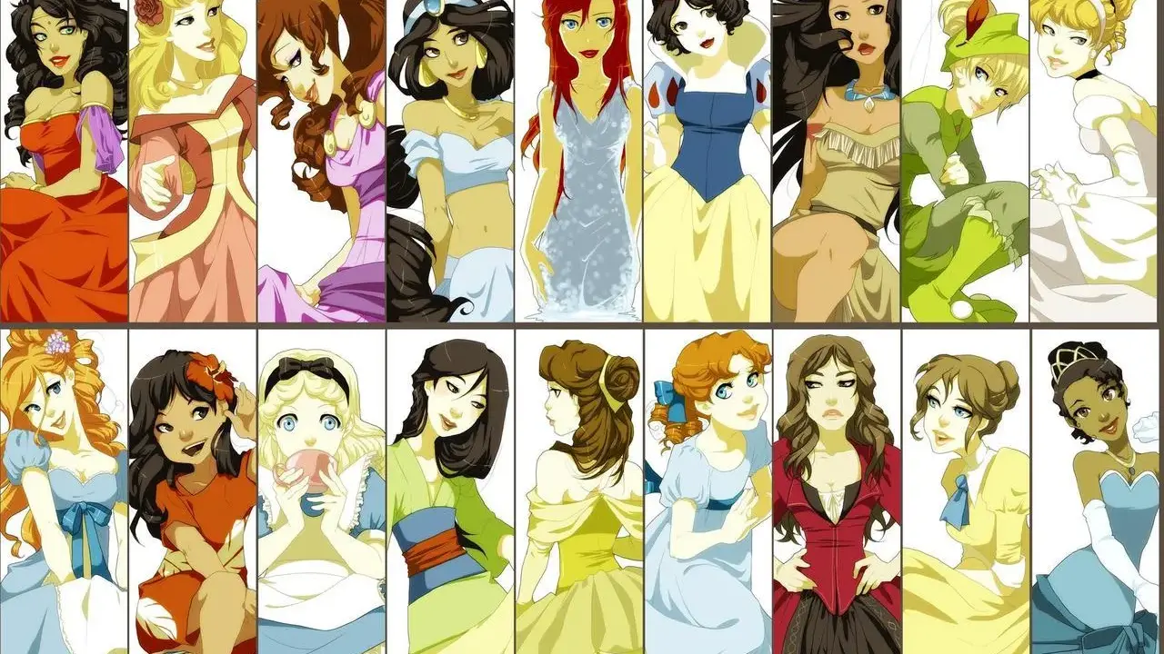 Collection de personnages féminins célèbres, dont Ariel, Blanche-Neige et Cendrillon, dans des tenues colorées.