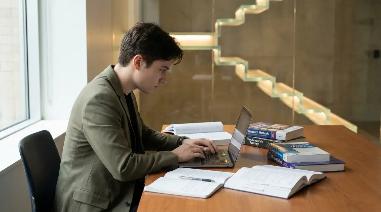 Un étudiant concentré sur son ordinateur portable, entouré de livres sur la rédaction de thèse. Il se prépare peut-être à la soutenance de thèse, se demandant combien de temps dure une soutenance de thèse.