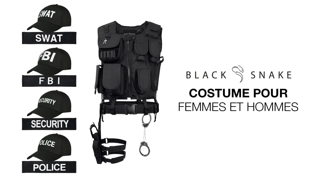 Costume tactique Black Snake avec casquettes SWAT, FBI, Security, Police. Un pseudo peut servir à se déguiser.