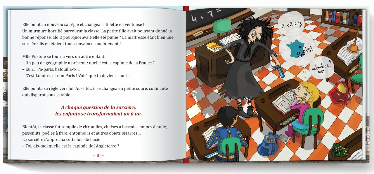 Une sorcière transforme des élèves en souris dans une salle de classe. Elle interroge un élève sur la capitale de la France.