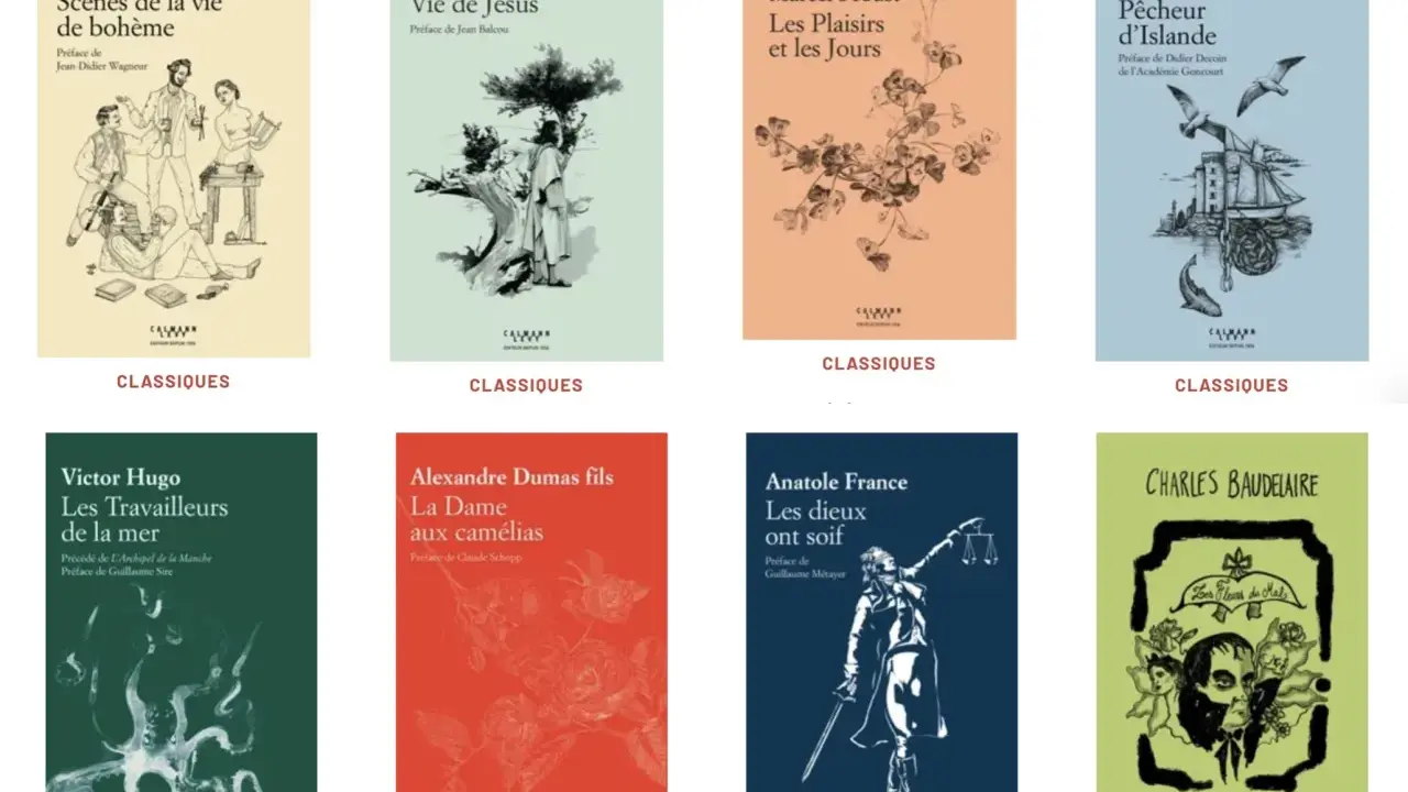 Couvertures de livres classiques de l'édition Calmann Lévy : Murger, Renan, Proust, Loti, Hugo, Dumas fils, France, Baudelaire.