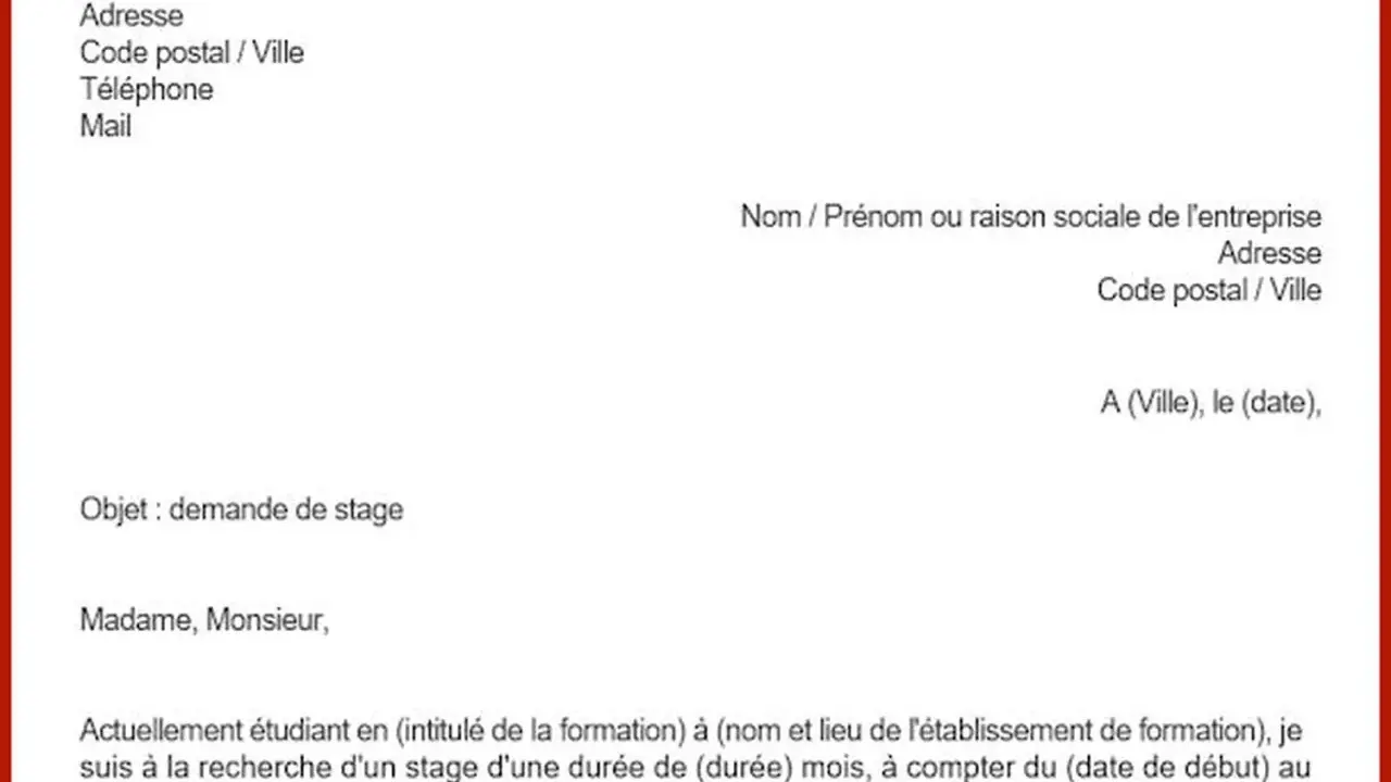 Modèle de lettre de motivation pour une demande de stage en laboratoire. Il inclut les champs pour les coordonnées de l'expéditeur et du destinataire, ainsi que le corps de la lettre.