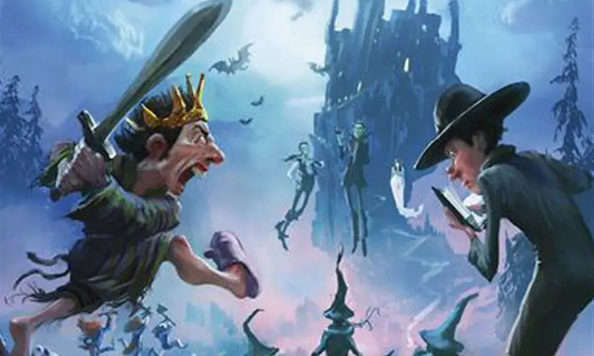 Un roi démoniaque aux dents pointues, armé d'une épée, charge vers un jeune sorcier lisant un livre. Des créatures fantasmagoriques et un château menaçant peuplent ce monde de fantasy.