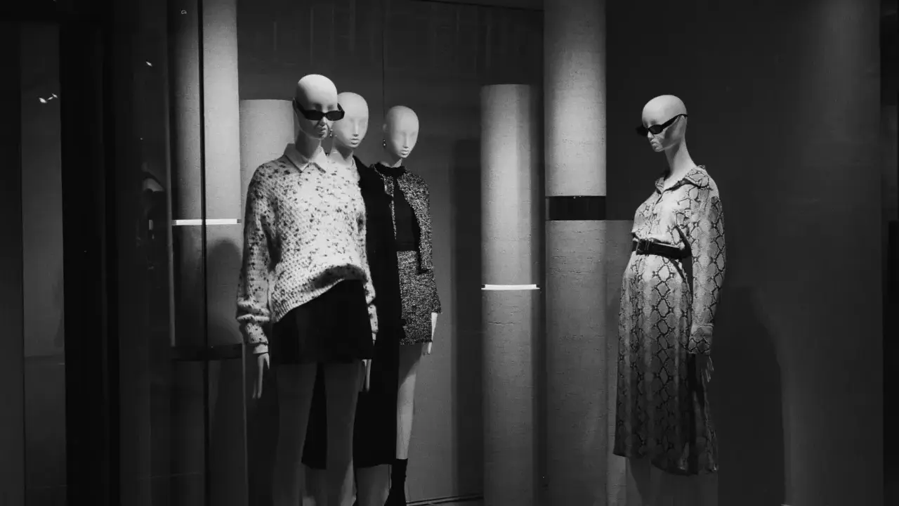 Mannequins dans une vitrine, avec un look nom americain stylé. L'une porte un pull à motifs et une jupe, l'autre une robe à imprimé serpent.