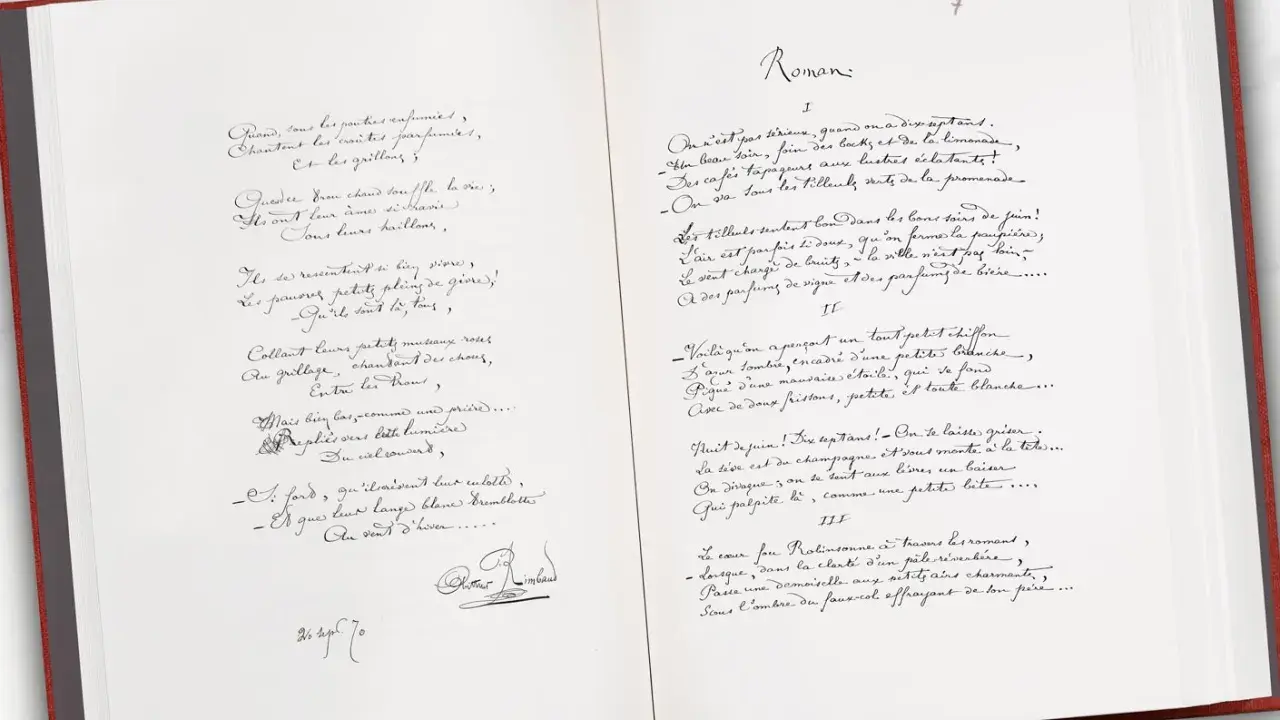 Manuscrit des éditions Pauvert : poèmes manuscrits, dont une page de "Roman" avec des vers de Verlaine.