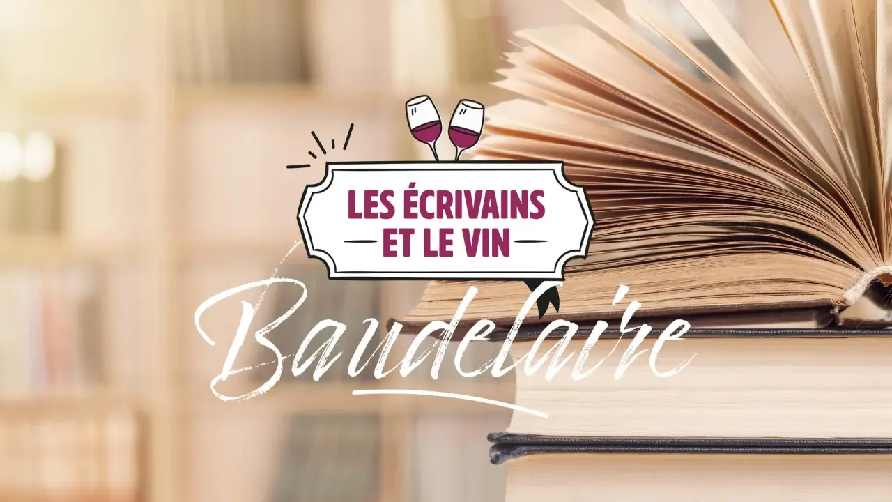 L'âme du vin et des écrivains, une ode à Baudelaire. Un livre ouvert sur des étagères, symbolisant la richesse de la littérature et du vin.