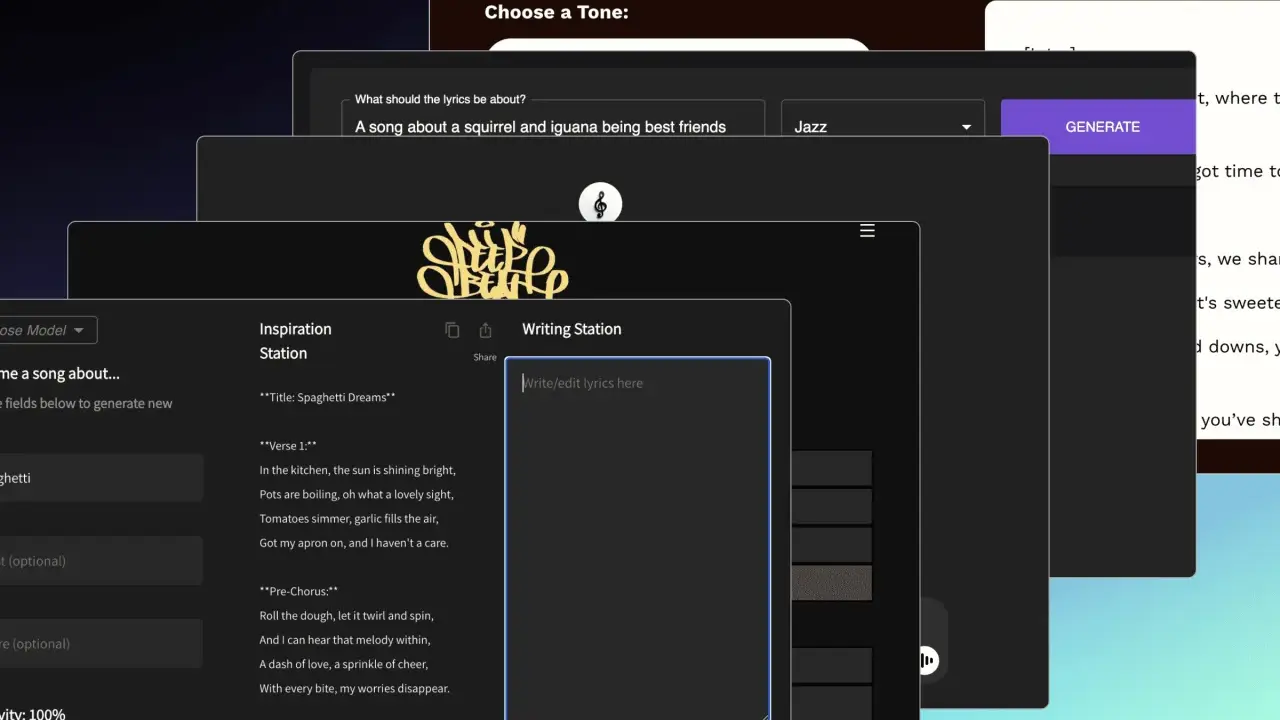 Interface pour écrire des paroles de chanson sur un écureuil et un iguane. Le texte à écrire est "Spaghetti Dreams".