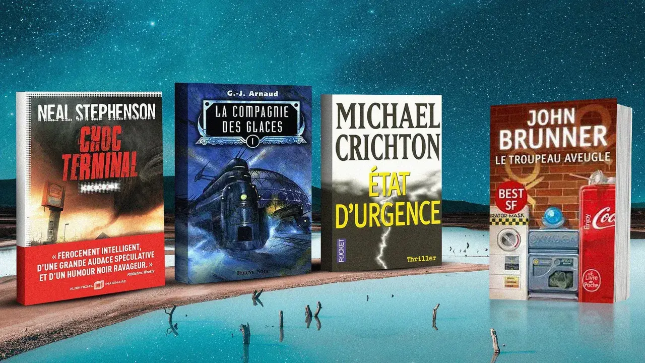 Quatre livres de science-fiction : Neal Stephenson, G.-J. Arnaud, Michael Crichton et John Brunner, parmi les auteurs de science-fiction les plus connus.