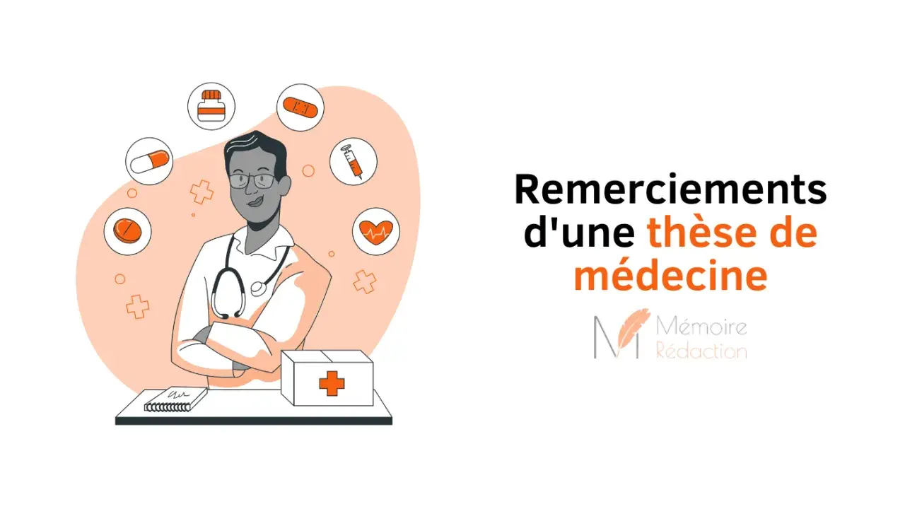Illustration d'un médecin entouré d'icônes médicales, avec le titre "Remerciements d'une thèse de médecine". Un clin d'œil au remerciement mémoire.