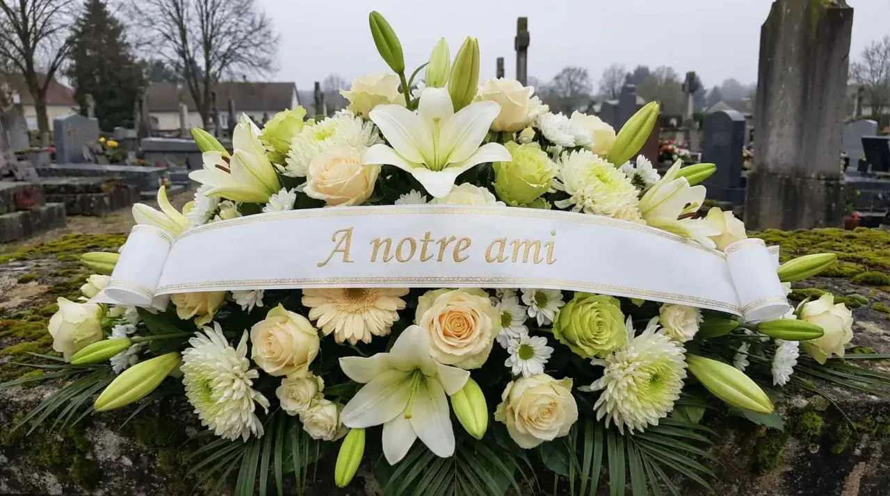 Un bouquet de fleurs blanches et crème, orné d'un ruban "À notre ami", symbolise une belle histoire d'amitié.