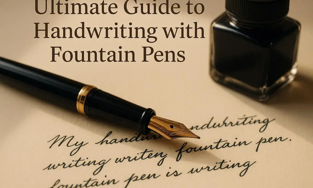 Une plume écrivain dorée repose sur du papier, à côté d'un encrier. Le texte "Ultimate Guide to Handwriting with Fountain Pens" est visible.