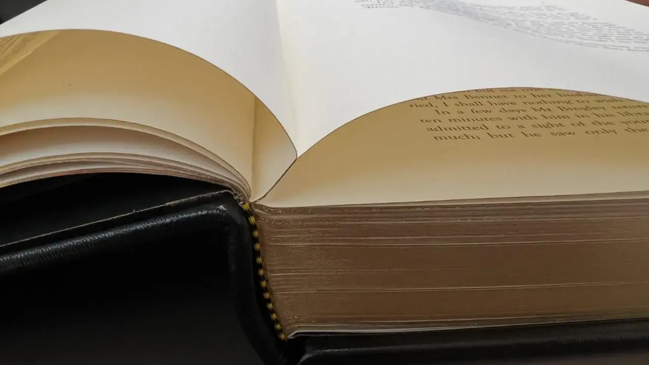 Gros plan sur des pages de livre ouvertes, révélant le texte imprimé et la reliure en cuir noir.