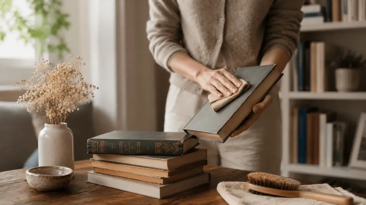 Une personne nettoie un livre d'occasion avec un chiffon. Apprenez comment désinfecter un livre d'occasion pour le préserver.