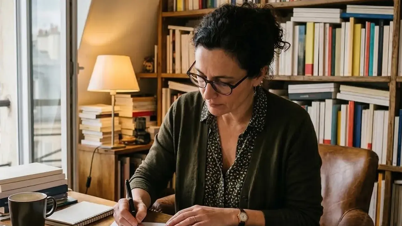 Une femme rédige des manuscrits dans son bureau, entourée de livres. Elle travaille pour une maison d'édition poésie.