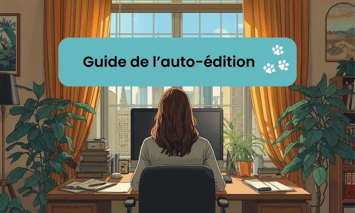 Une femme prépare son projet pour publier un livre, assise à son bureau avec vue sur la ville.