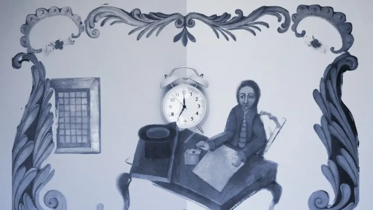 Une scène stylisée montre une personne assise à un bureau, stylo à la main, comme un exercice pour apprendre à écrire. Une horloge indique l'heure.
