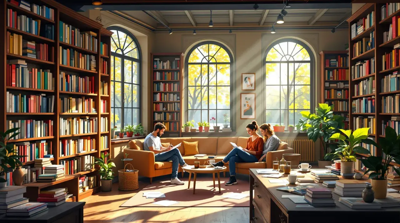 Dans une bibliothèque lumineuse, des personnes lisent. La **liste des éditeurs** est peut-être cachée dans ces ouvrages.