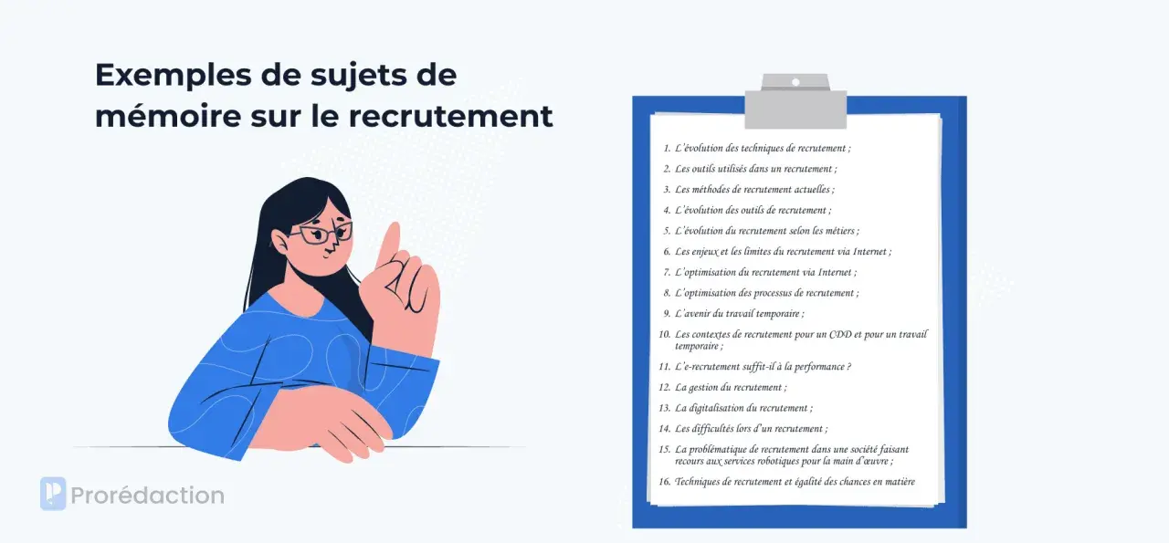 Une illustration présente des exemples de sujets de mémoire sur le recrutement, dont la problématique de recrutement dans une société robotisée.