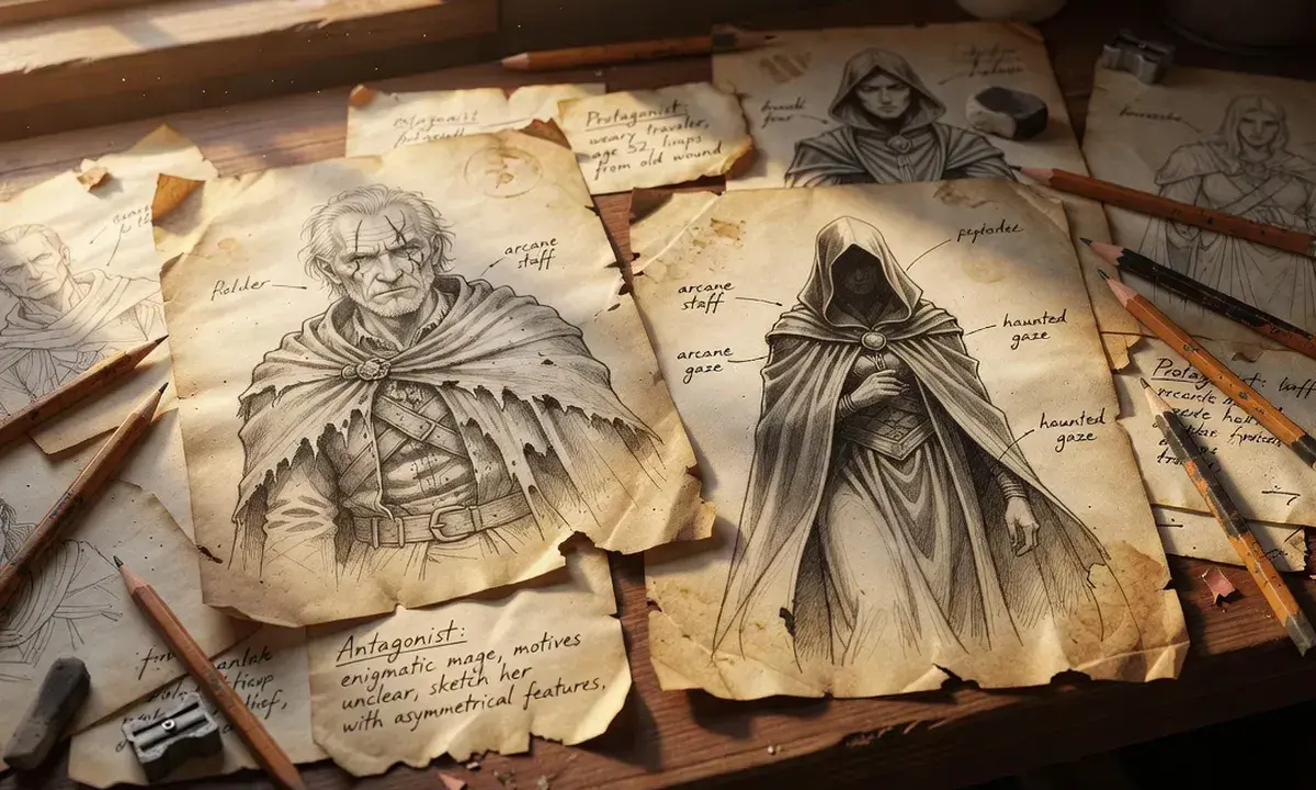Croquis de personnages pour un jeu : un vieil homme barbu, "Polder", et une mystérieuse mage voilée.