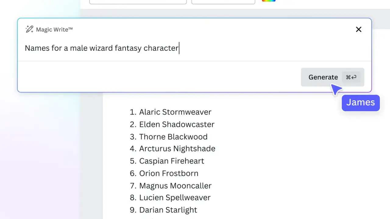James utilise "Magic Write" pour générer des noms de sorciers, une pseudo idée pour son personnage.