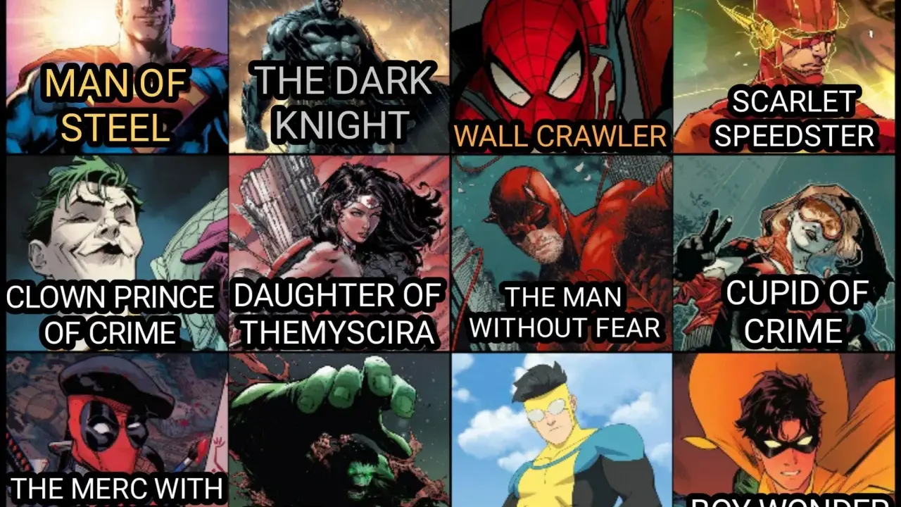 Super-héros emblématiques : Man of Steel, The Dark Knight, Wall Crawler, Scarlet Speedster, Clown Prince of Crime, Daughter of Themyscira, The Man Without Fear, Cupid of Crime, The Merc with a Mouth, Green Giant, Boy Viltrum, Boy Wonder.